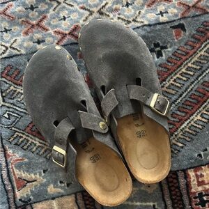 Gray Suede Birkenstock Clogs with Gold Studs